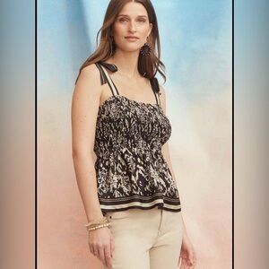 2 for $30 sale; NWT Maurices black tan shoulder tie smock top peplum tank - S